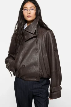 Cropped leather trench coat