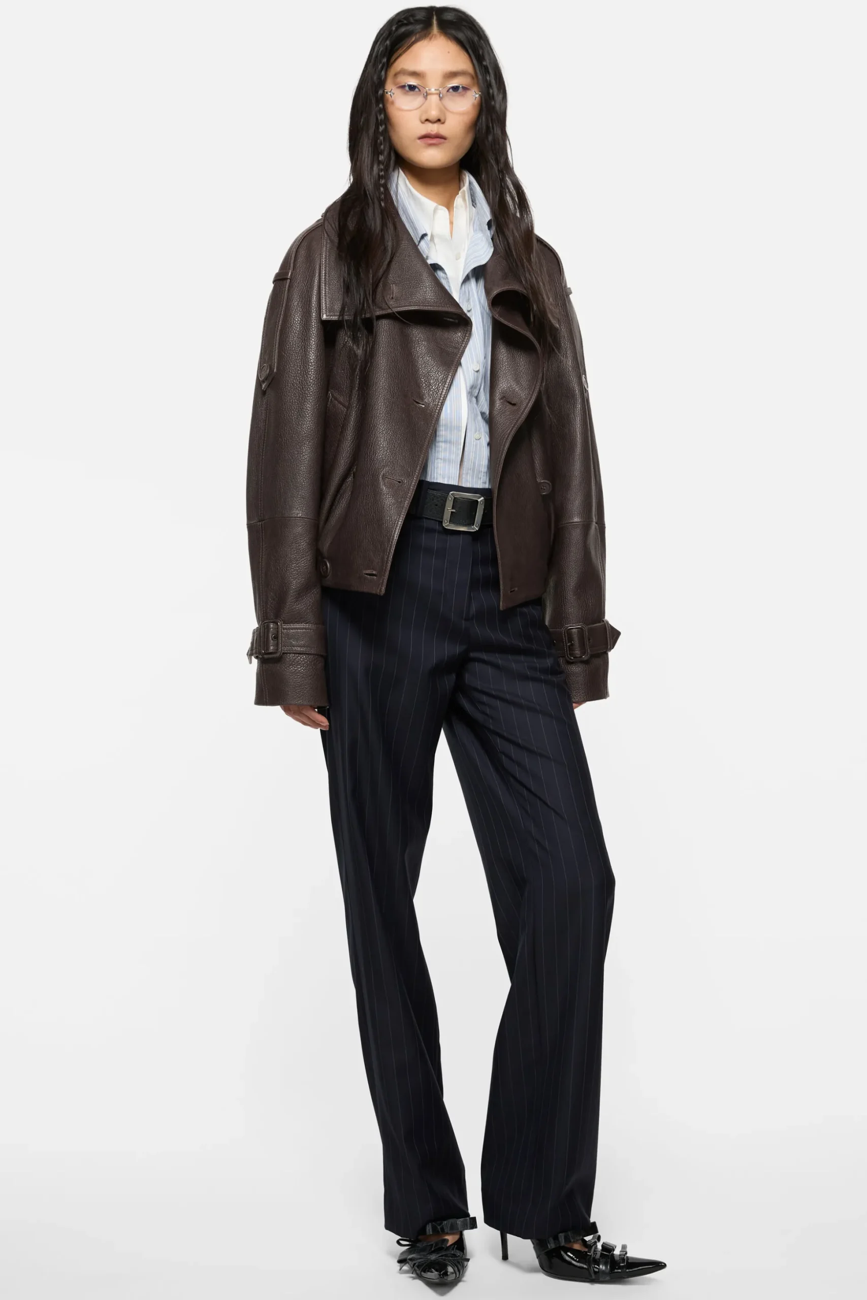 Cropped leather trench coat
