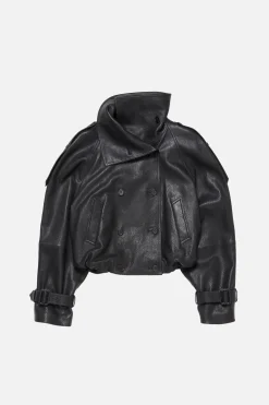 Cropped leather trench coat