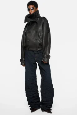 Cropped leather trench coat