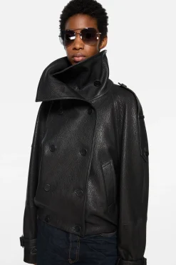 Cropped leather trench coat