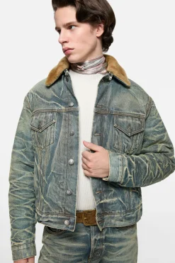 Denim jacket with fur collar