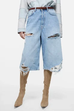 Distressed denim shorts