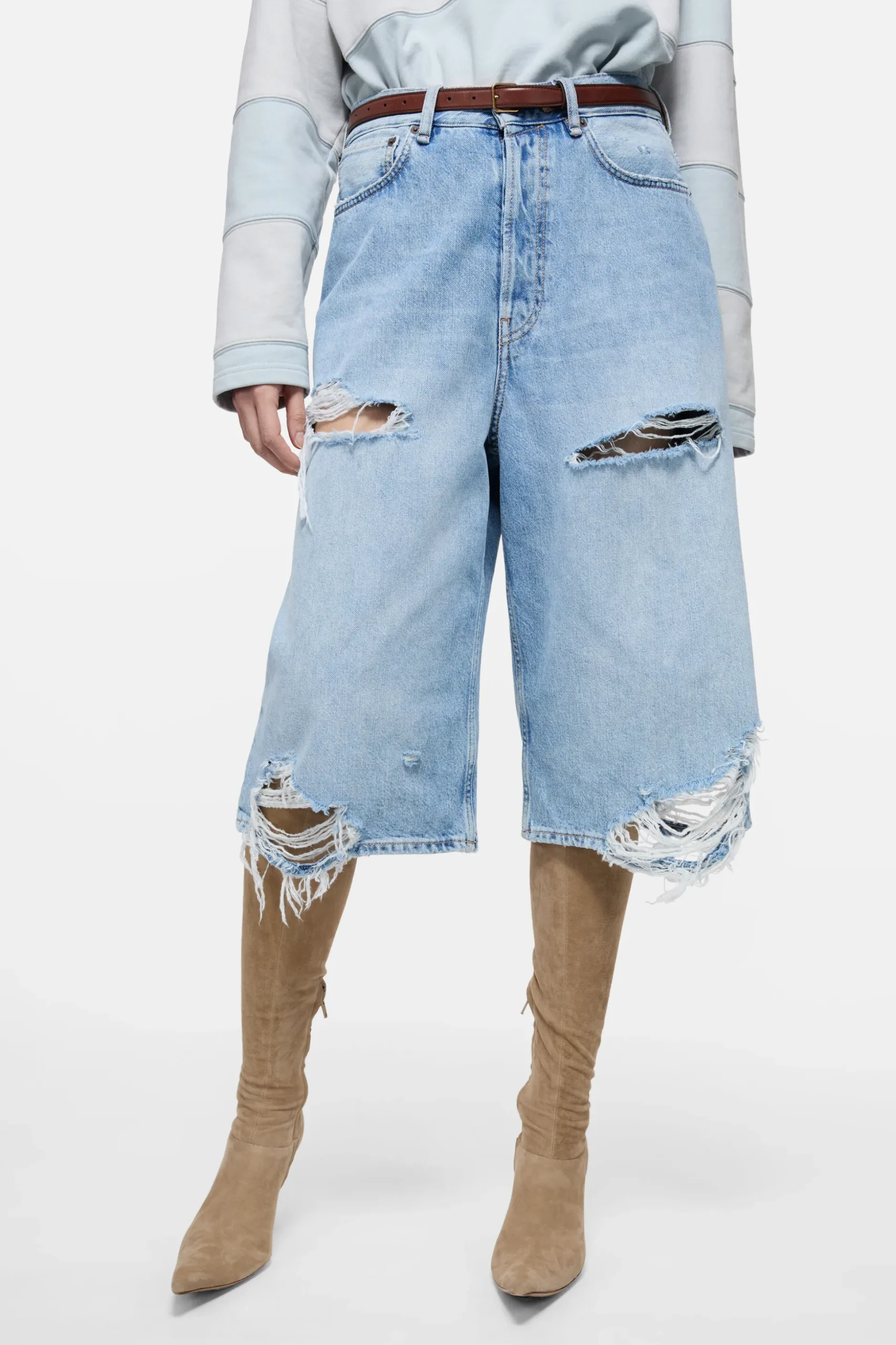 Distressed denim shorts