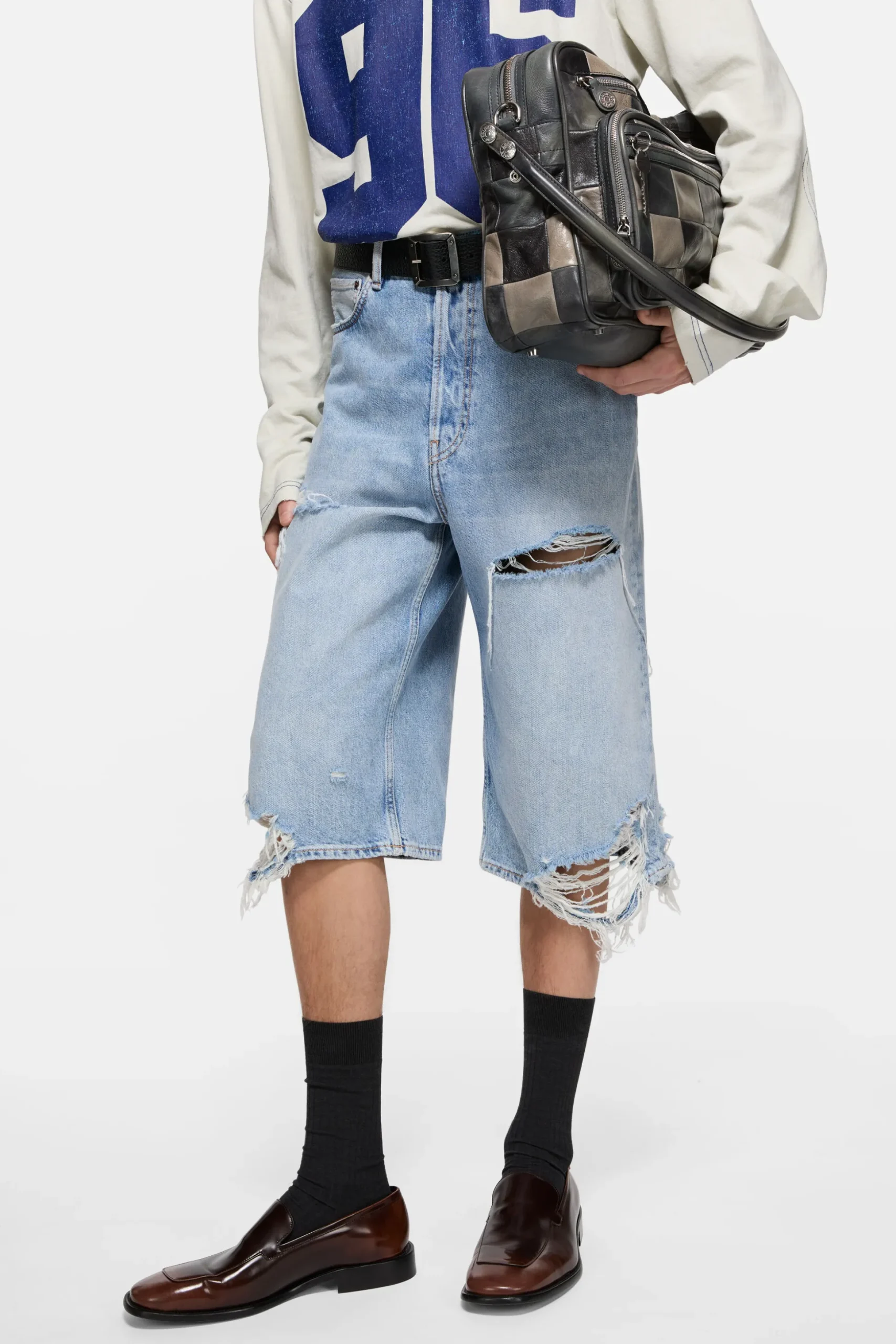 Distressed denim shorts